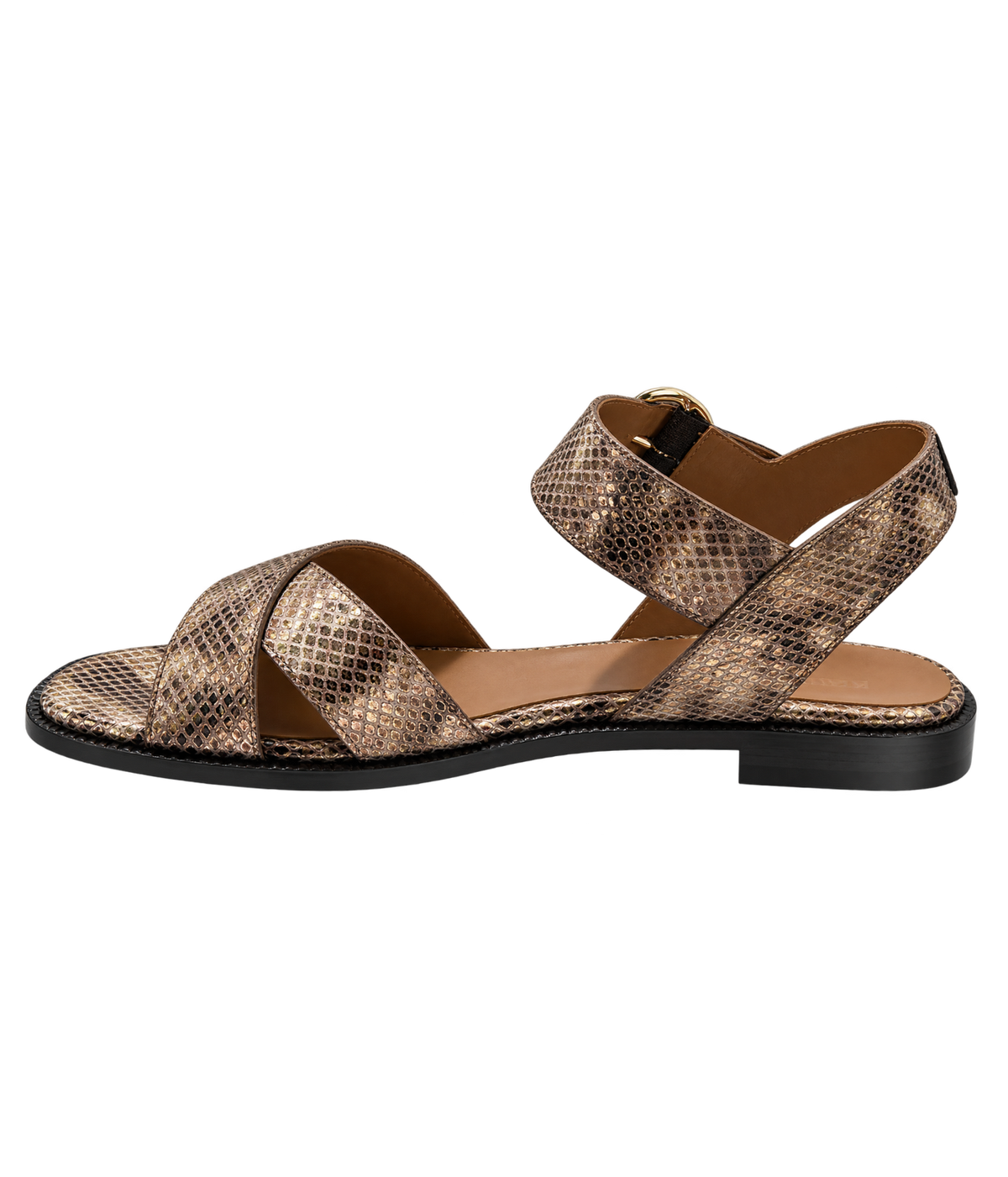A single women's flat sandal with a metallic bronze and beige snakeskin pattern, featuring crisscrossing straps and an ankle strap, Anthology Paris Reims Sandal in Zadar Z4030