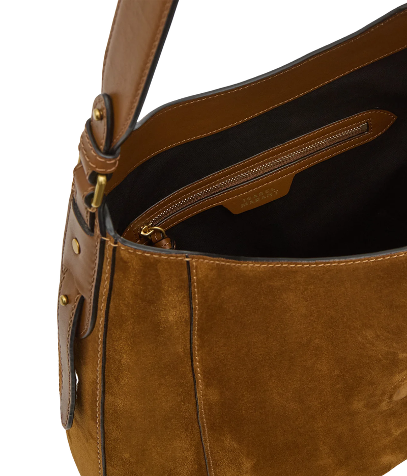Close-up of the Isabel Marant Altay Hobo Day Bag in Cognac, showing the suede finish, interior zip pocket and leather trim detailing.