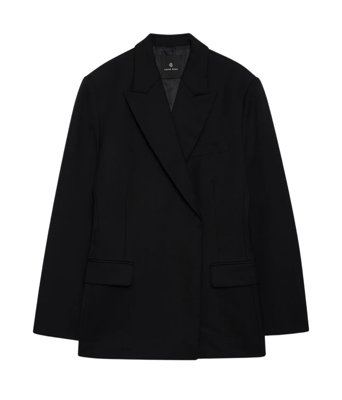 Anine Bing Aretha Blazer in Black laid flat, showing the single-breasted front and flap pockets