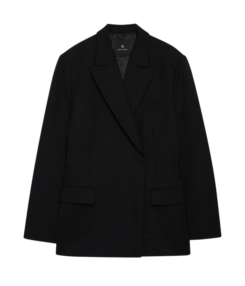 Anine Bing Aretha Blazer in Black laid flat, showing the single-breasted front and flap pockets