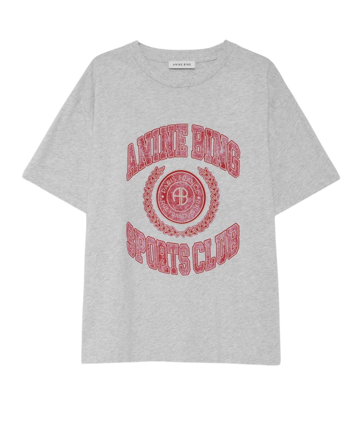 A light heather gray short-sleeve t-shirt with a red graphic print on the front reading 'ANTINE BORG SPORTS CLUB' around a circular crest.