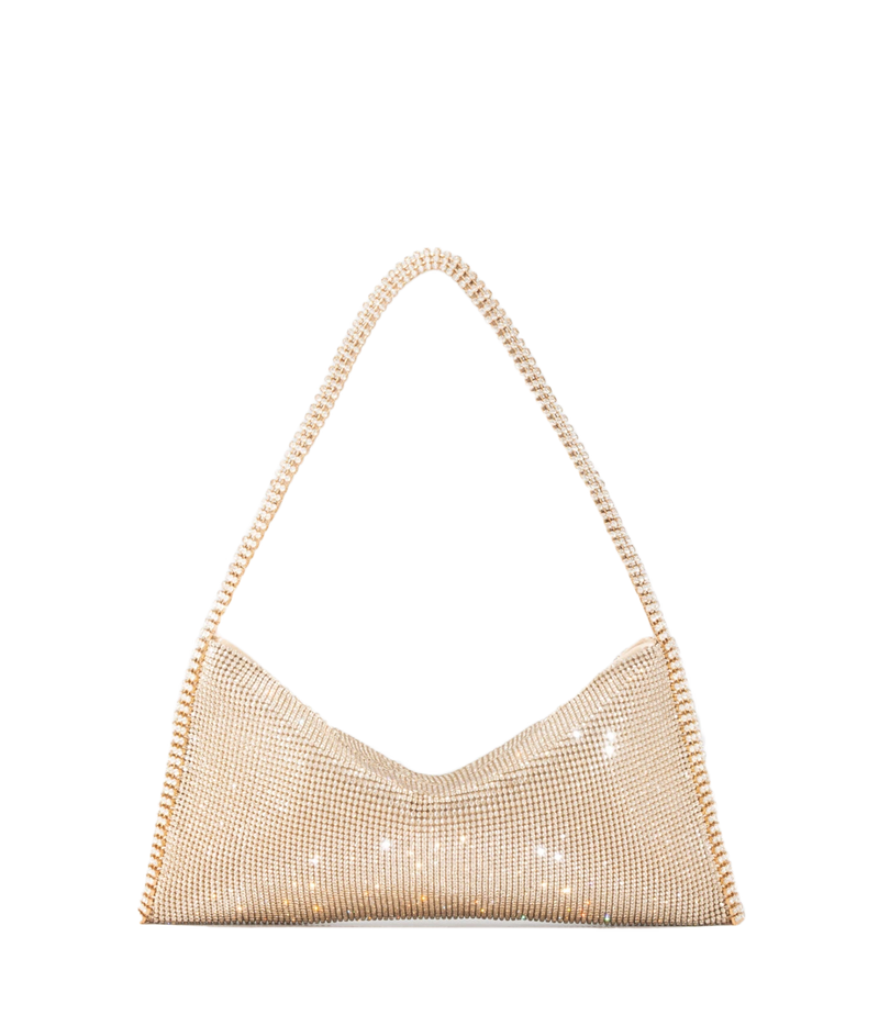 A gold-toned mesh shoulder bag with a single shoulder strap, photographed against a solid white background.