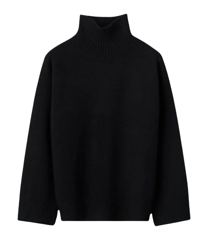 Soft Goat Alpaca Boyfriend Turtleneck in Black – Flat Lay