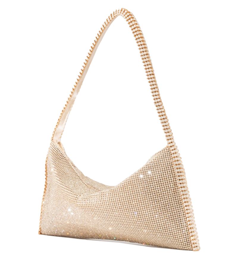 A gold rhinestone mesh shoulder bag with a curved, slouchy silhouette and a single shoulder strap, shown against a plain white background.