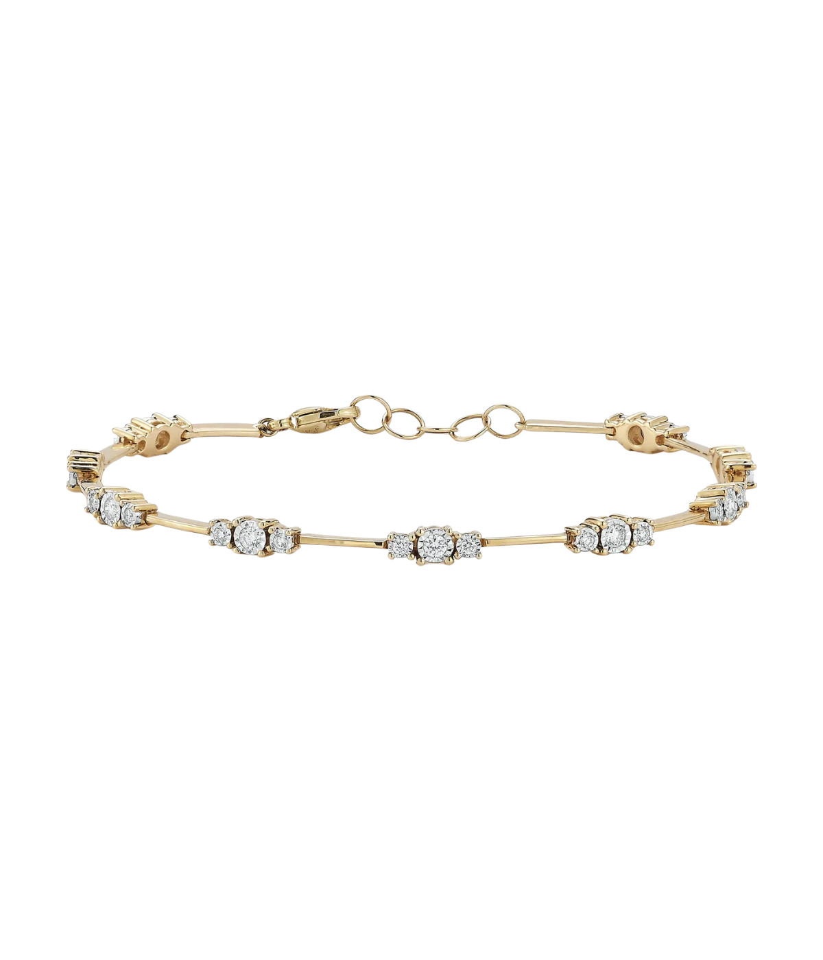 Dana Rebecca Designs Ava Bea Spaced Tennis Bracelet in 14k Yellow Gold laid flat, showing white diamond stations spaced between slim yellow gold bars and the lobster clasp