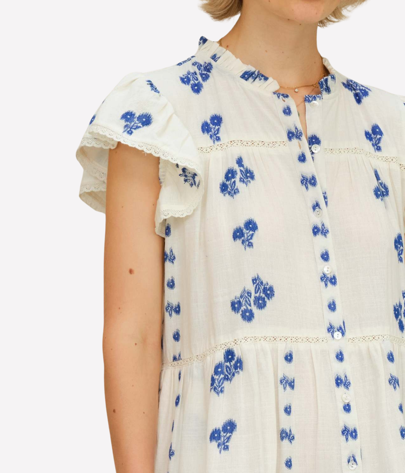 M.A.B.E Iris Woven Frill Short Dress in Blue – close-up of neckline and frill sleeves