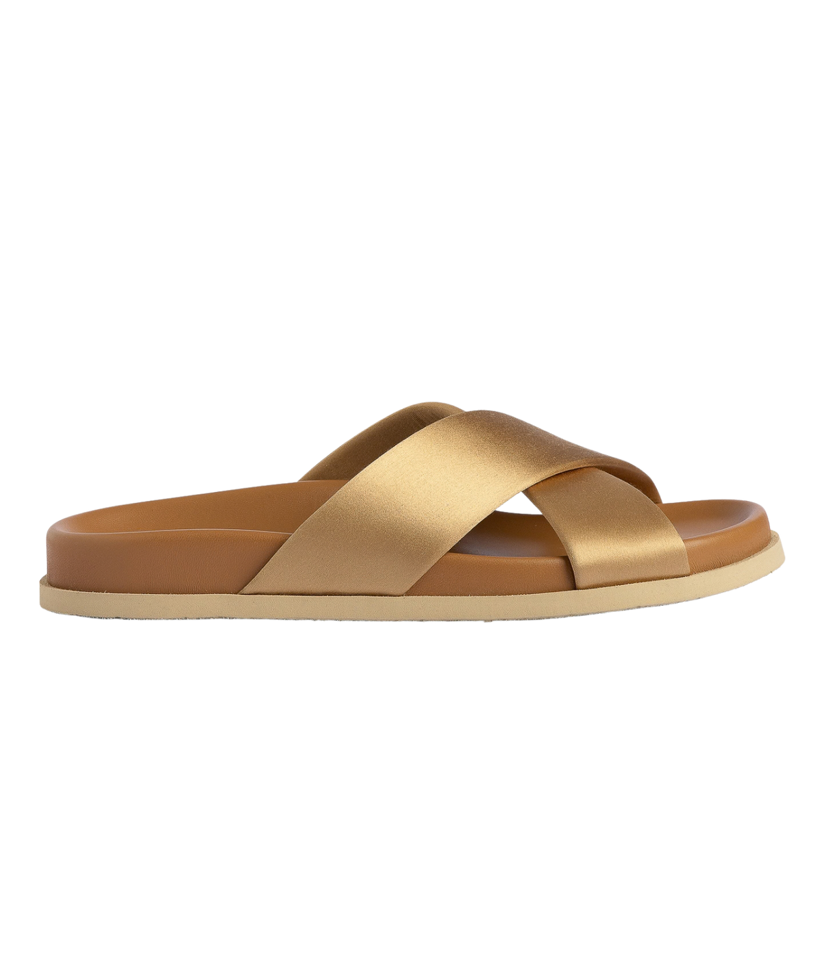 A single flat slide sandal with wide, crisscrossing satin straps in a champagne gold color, Daliana In Brulee Satin