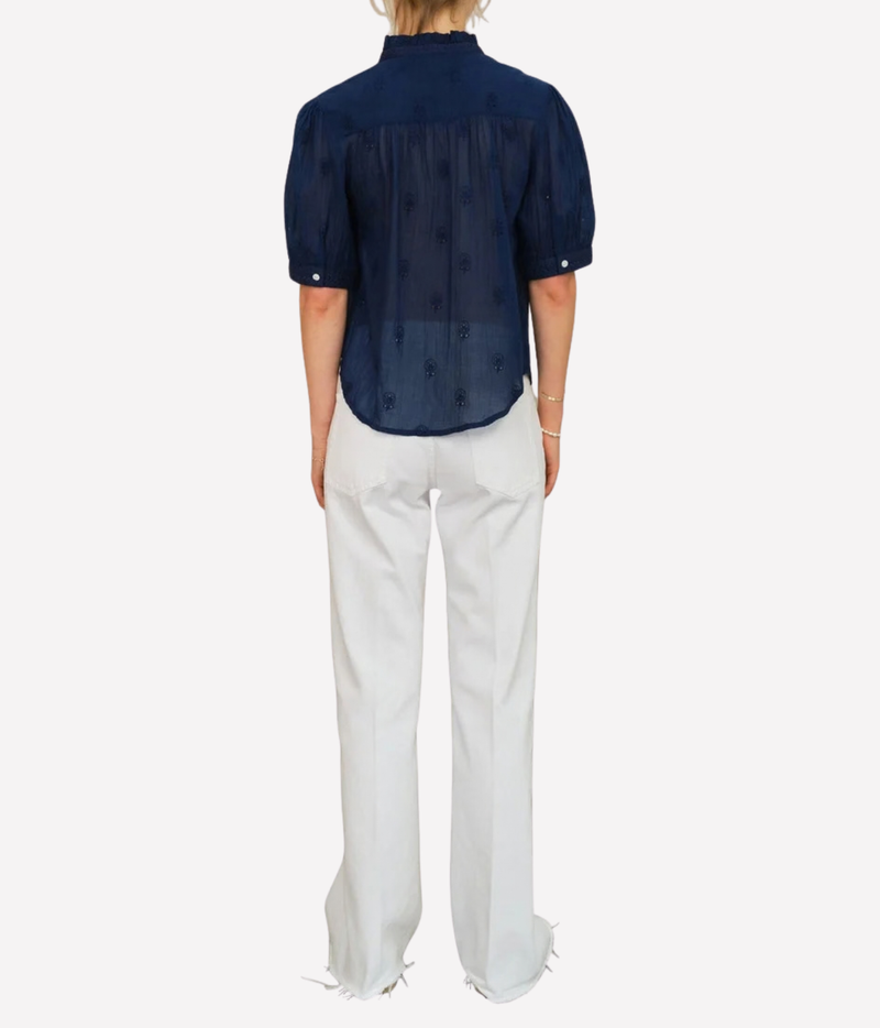 Model wearing the M.A.B.E Frani Embroidered Short Sleeve Top in Indigo – back view