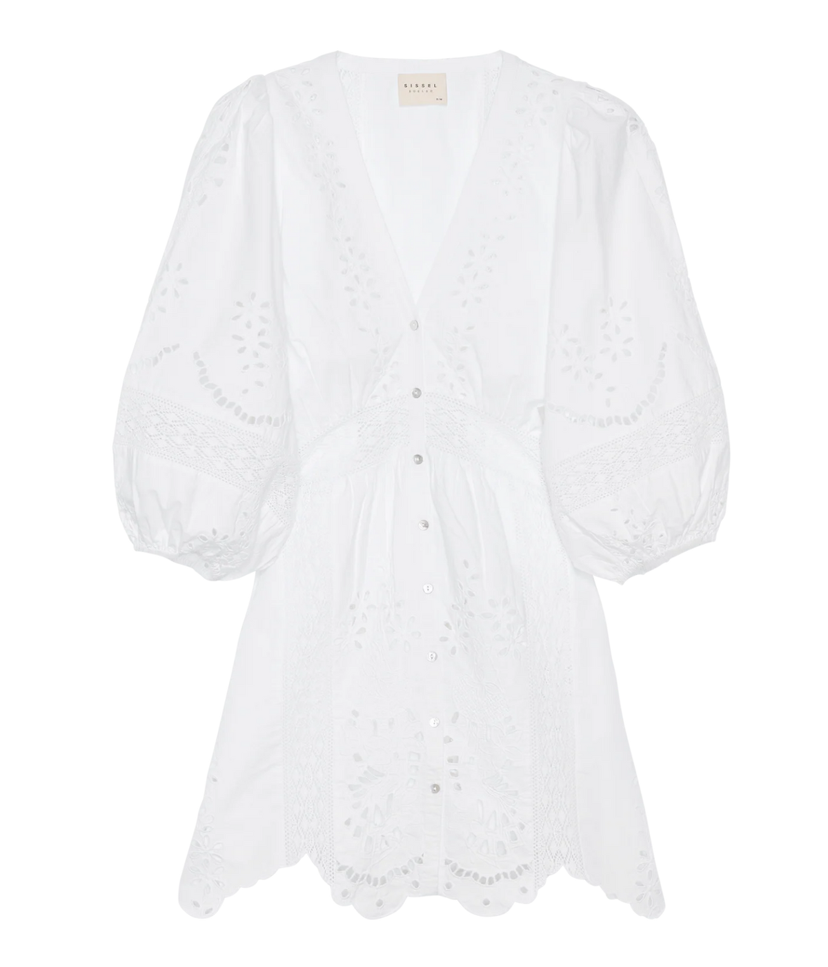Sissel Edelbo Mila Short Dress in Ecru shown from the front, with a deep V-neckline, button-through front, balloon sleeves, cutwork embroidery and a wavy lace-edged hem
