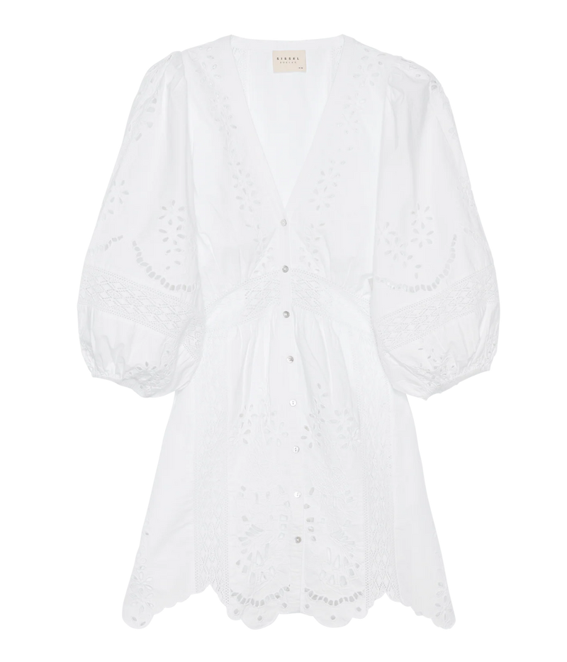 Sissel Edelbo Mila Short Dress in Ecru shown from the front, with a deep V-neckline, button-through front, balloon sleeves, cutwork embroidery and a wavy lace-edged hem