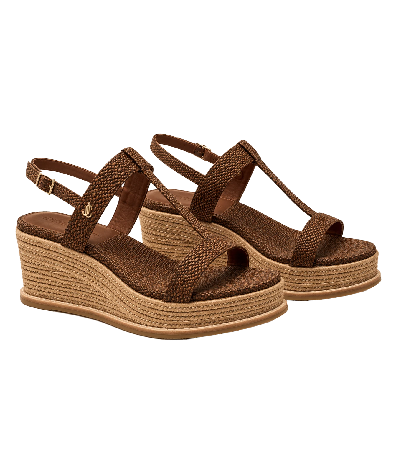 A pair of women's wedge sandals with brown woven straps and braided jute platform soles, shown against a plain white background.