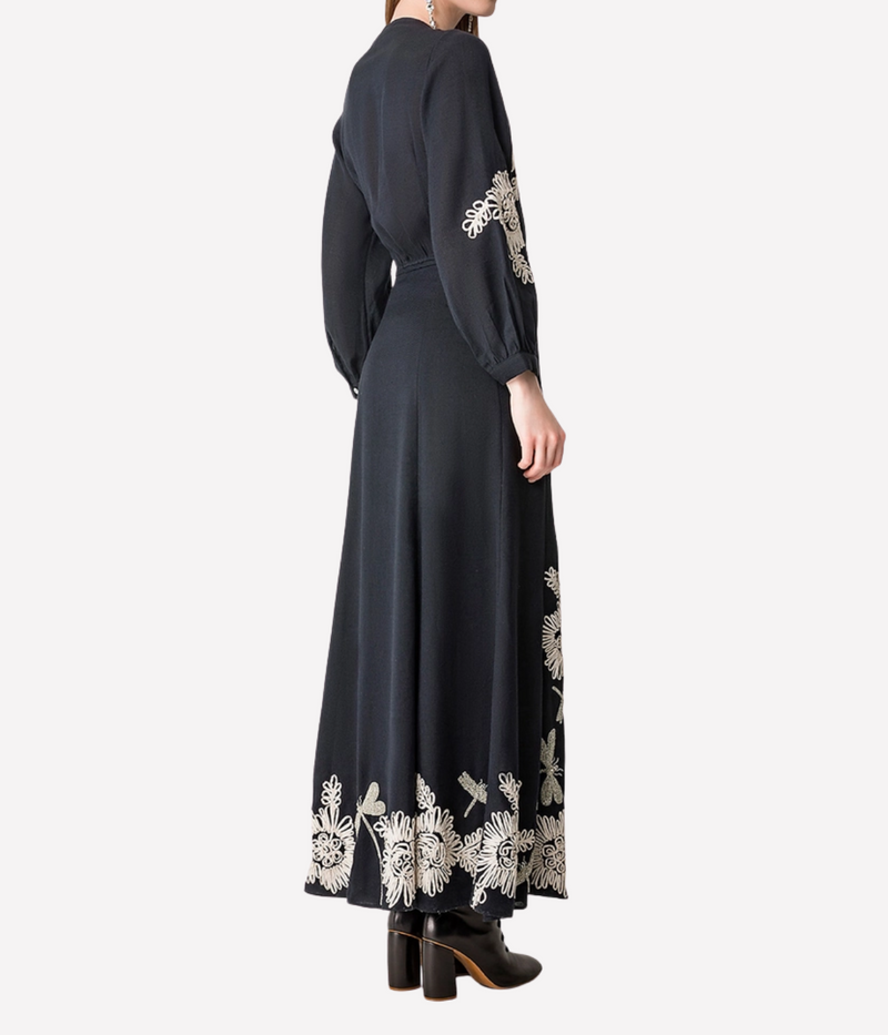 Voila' une fleur" embroidery wool gauze dress in notte Voila' une fleur" embroidery wool gauze dress in notte