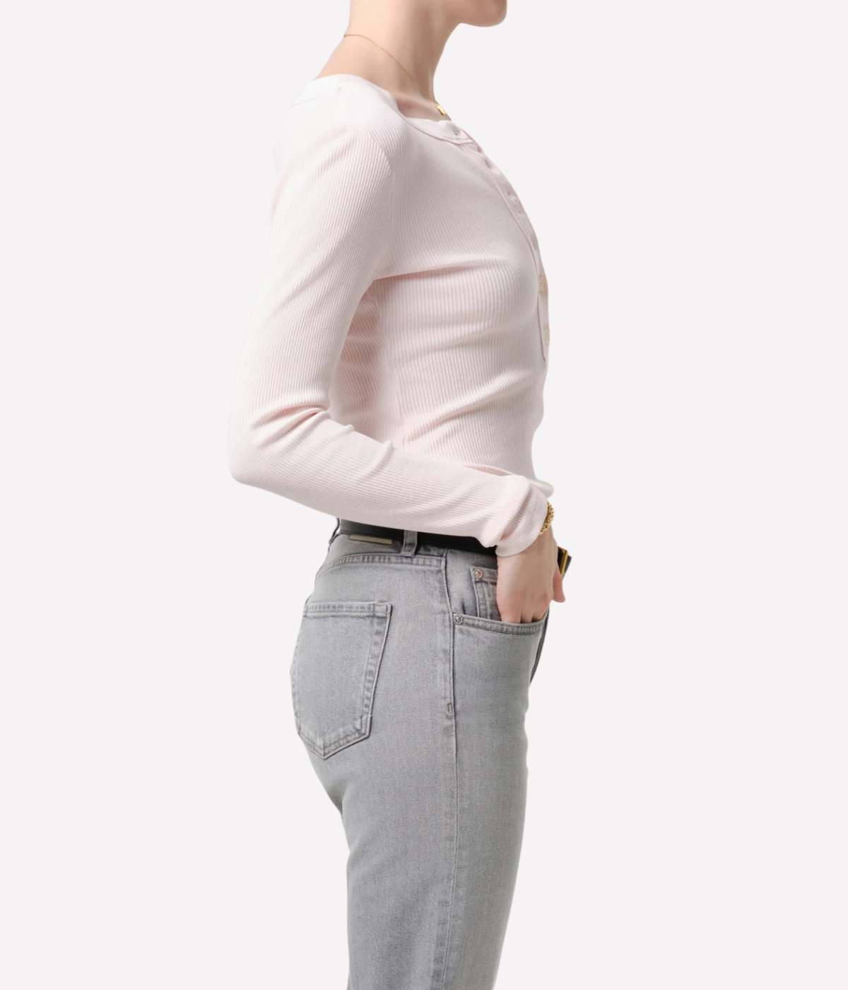 Citizens of Humanity Varra Henley Organic Cotton Top in Pink Peppercorn, side view showing the fitted ribbed silhouette.