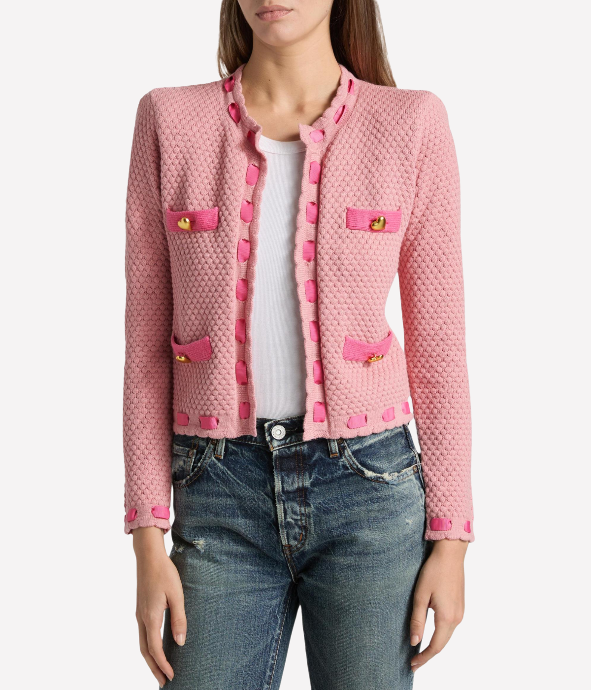 Astor Contrast Trim Cardigan in Dusty Pink