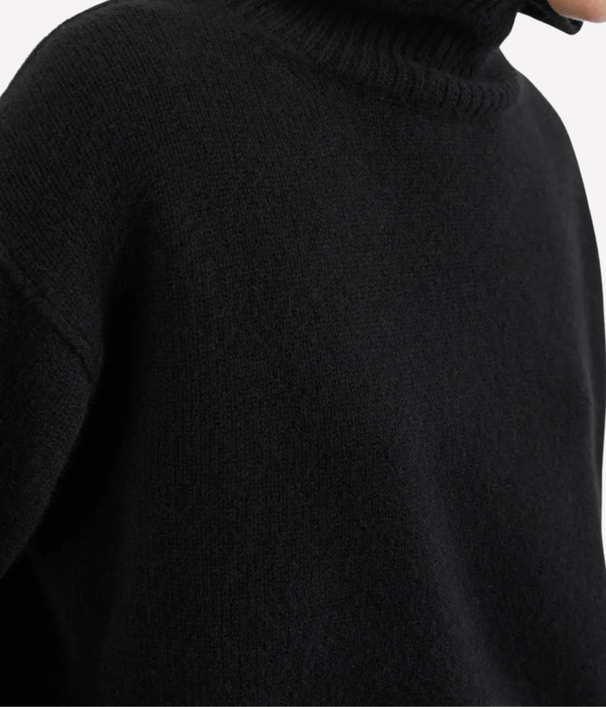 Soft Goat Alpaca Boyfriend Turtleneck in Black – Front close up image