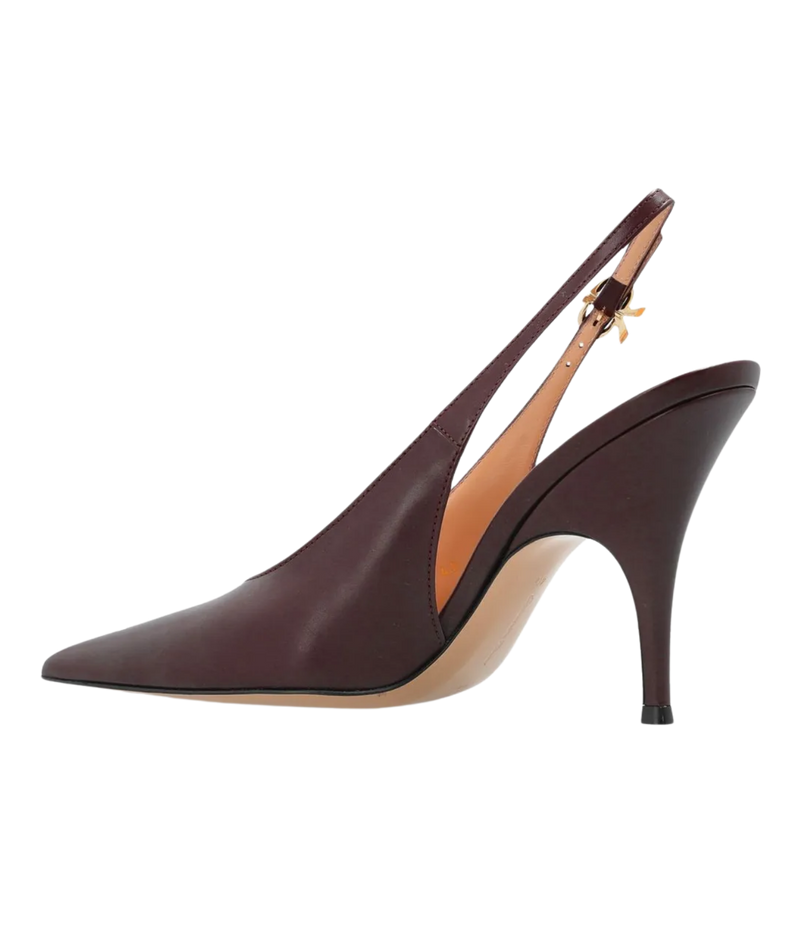Inner side view of the Gianvito Rossi Sofia Sling 70 in Bourgogne, showing the low cut-out side, smooth leather upper and gold buckle on the slingback strap
