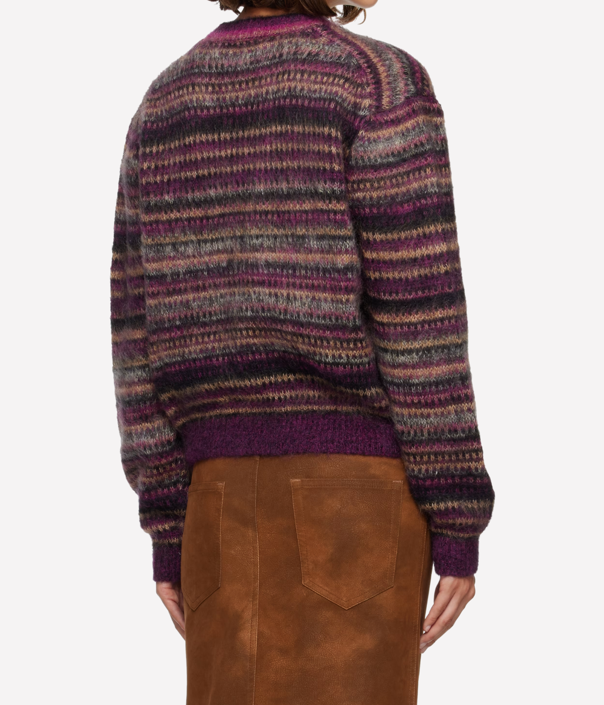 Back shot of woman wearing knit jumper in horizontal coloured stripes - Isabel Marant Morine Mohair Sweater In Plum