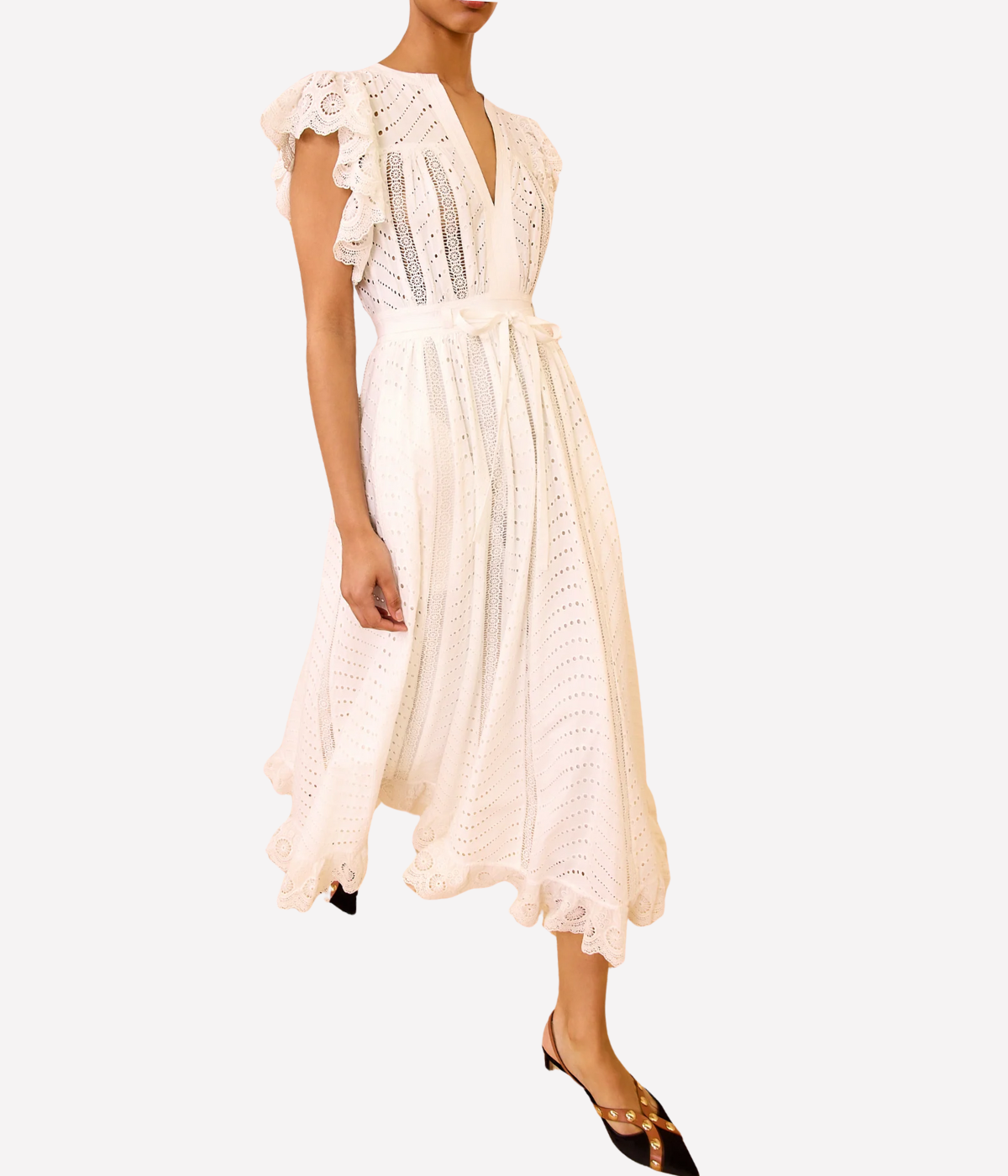 Olga Flutter Sleeve Midi Dress in PRISTINE