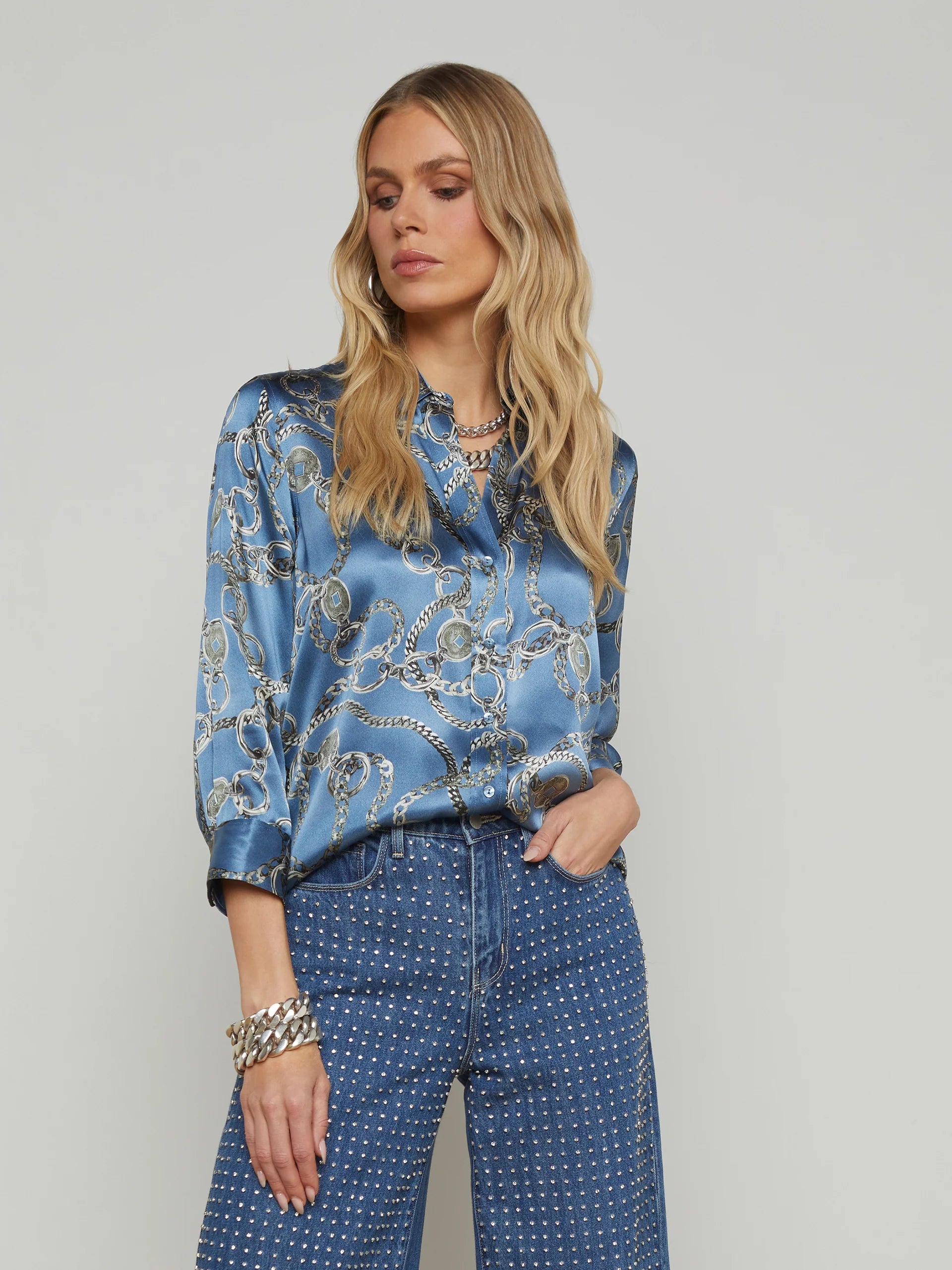 Dani 3/4 Sleeve Blouse in Blue Horizon Silver Luck Chain