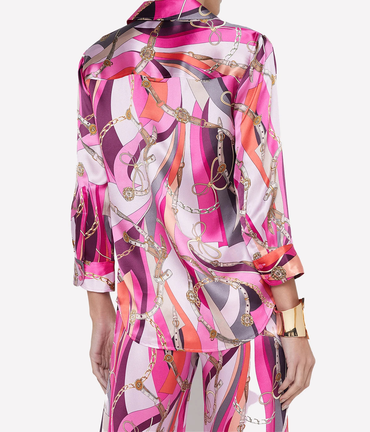 ALT Text: Silk Dani Blouse with three-quarter sleeves, a high-low hem, and 2-button cuffs for a sophisticated and versatile style.