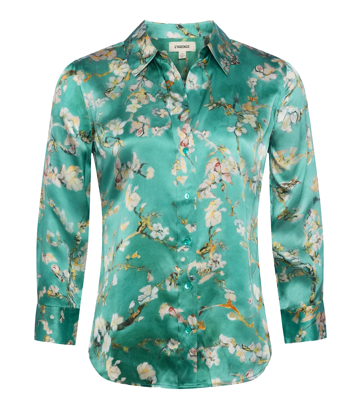 ALT text: Teal silk blouse with cherry blossom print, 3/4 sleeves, and high-low hem