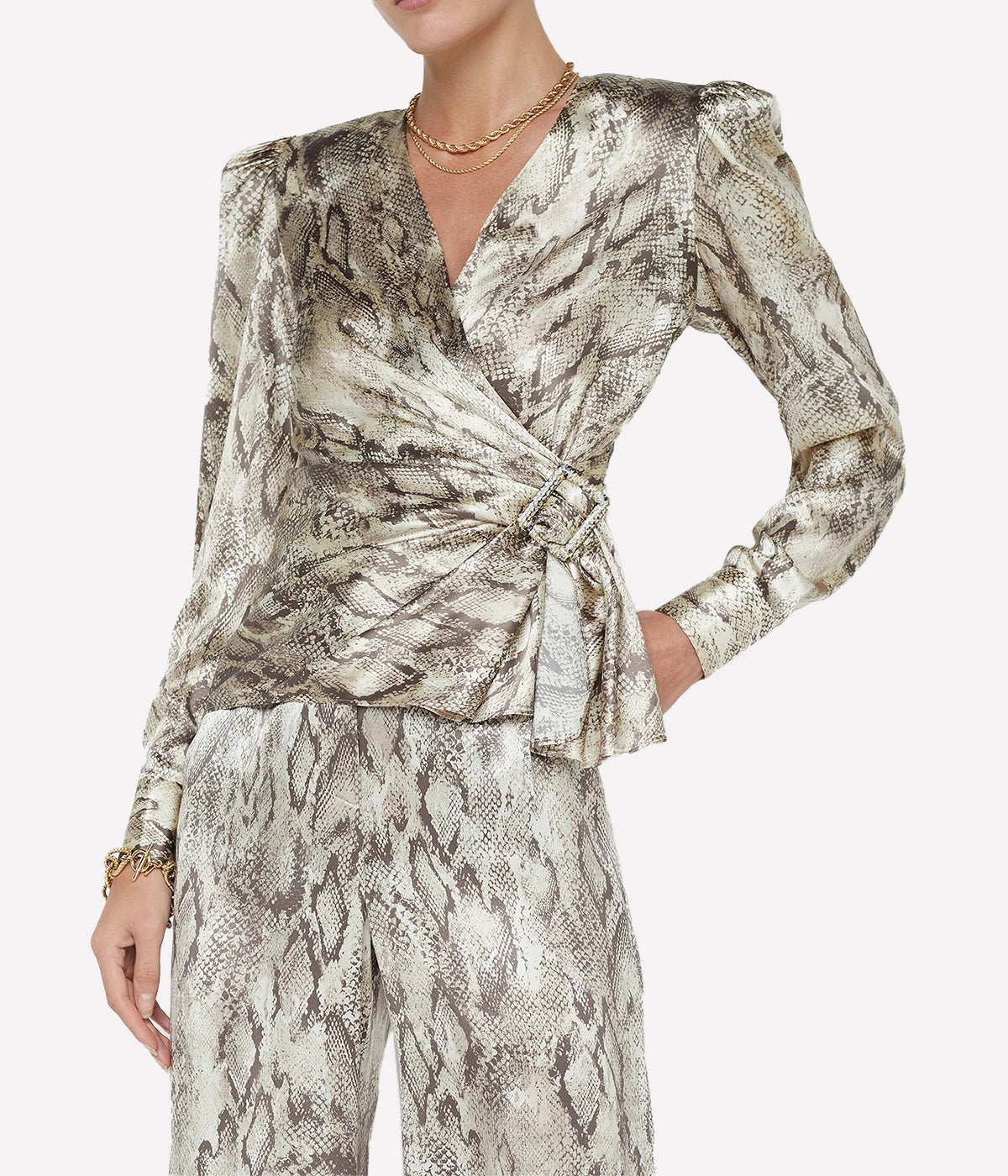 ALT Text: Bensen Wrap Buckle Blouse in Tan Multi Snake print, featuring a flattering wrap silhouette and eye-catching buckle detail for a chic, sophisticated look.
