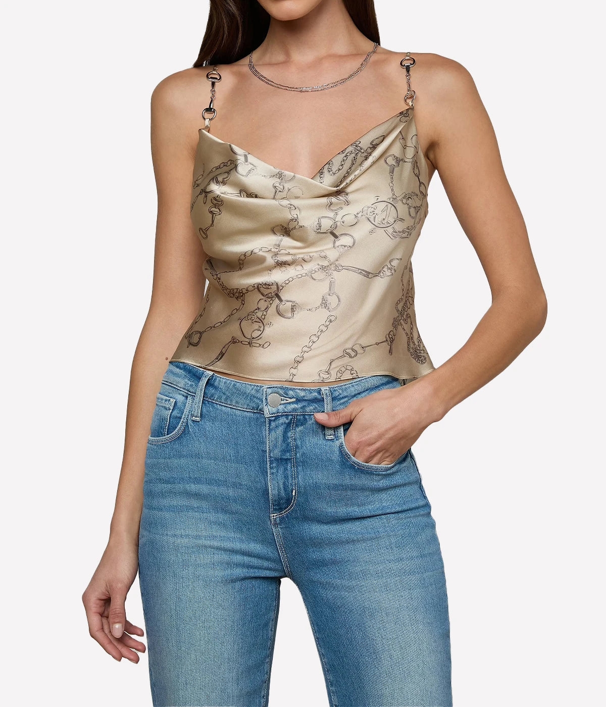 Calista Cowl Neck Cami In Soft Macadamia Chain Print