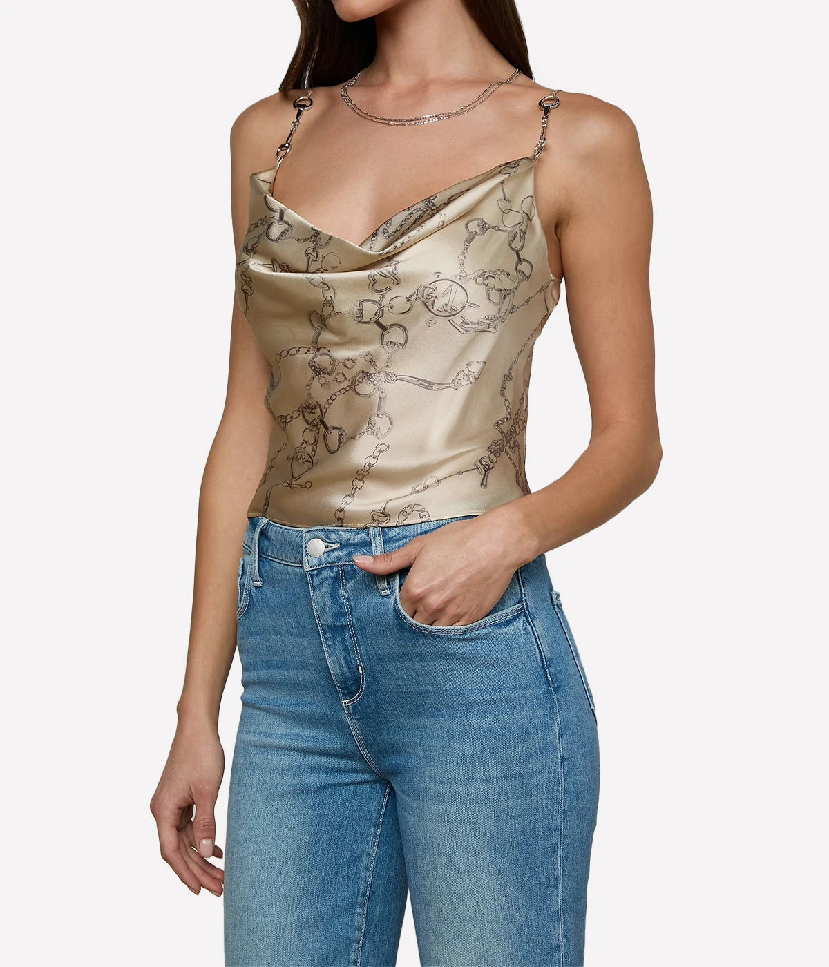 Calista Cowl Neck Cami In Soft Macadamia Chain Print