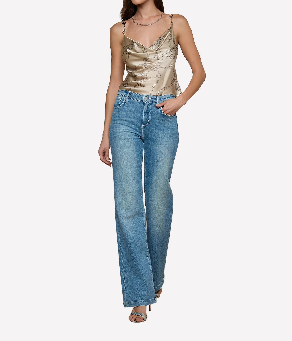 Calista Cowl Neck Cami In Soft Macadamia Chain Print