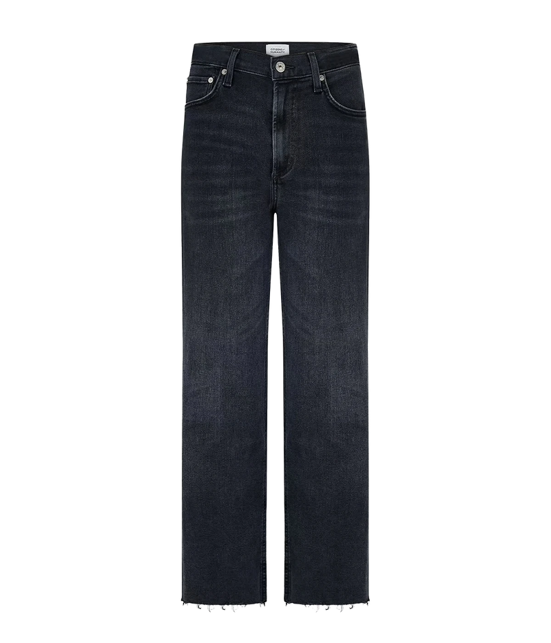 ALT text: High rise classic straight jeans in washed out black with fading and whiskering, made with soft stretch denim.