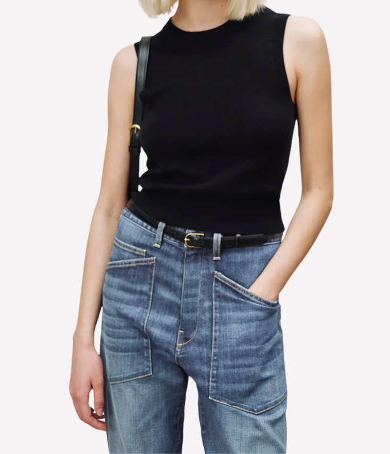Close-up of the Nili Lotan Shon Jean mid-rise waistband and premium Japanese stretch denim construction.