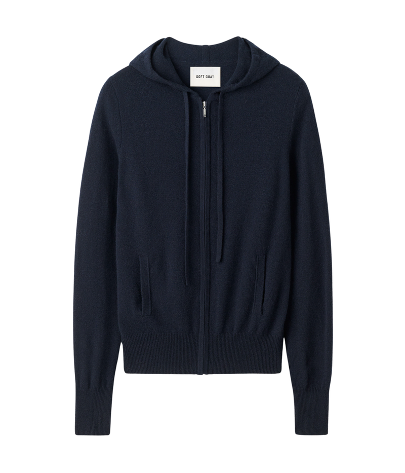 Soft Goat Cashmere Zip Hoodie in Navy – Flat Lay