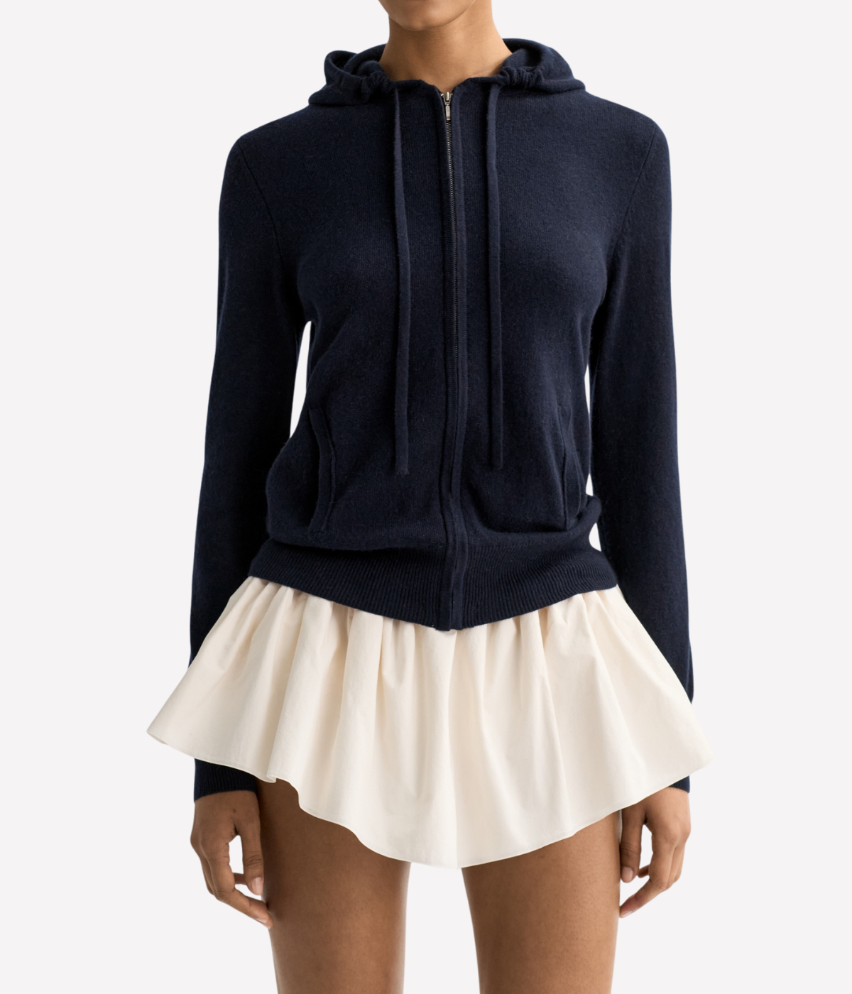 Soft Goat Cashmere Zip Hoodie in Navy – Front View