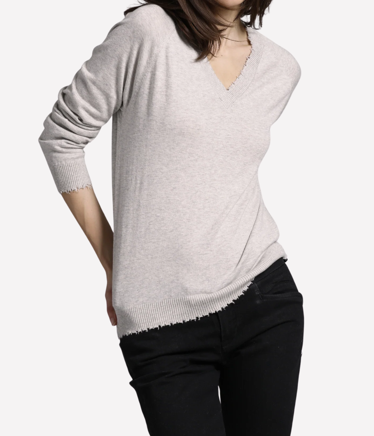 Cashmere Frayed Edge V Neck in Light Heather Grey