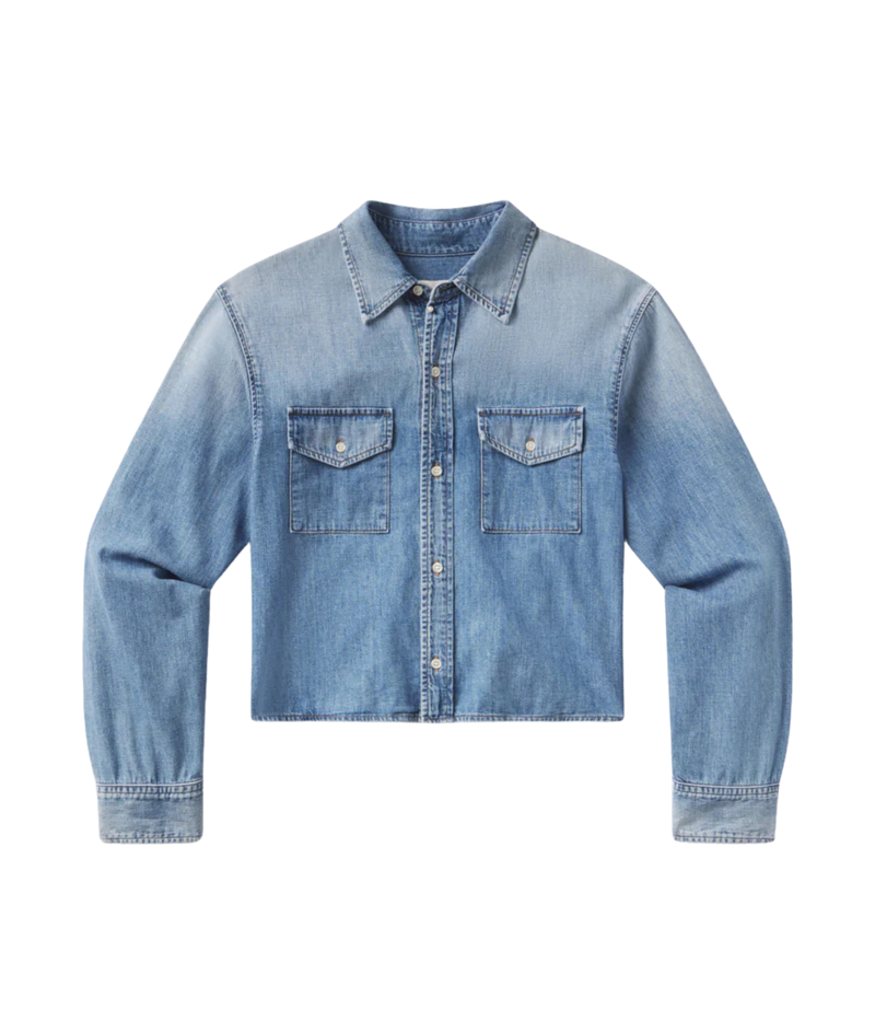 Flat lay view of Citizens of Humanity Baby Shay Cropped Shirt in Carolina Blue featuring a slim fit, cropped silhouette, and utility-inspired pocket details.