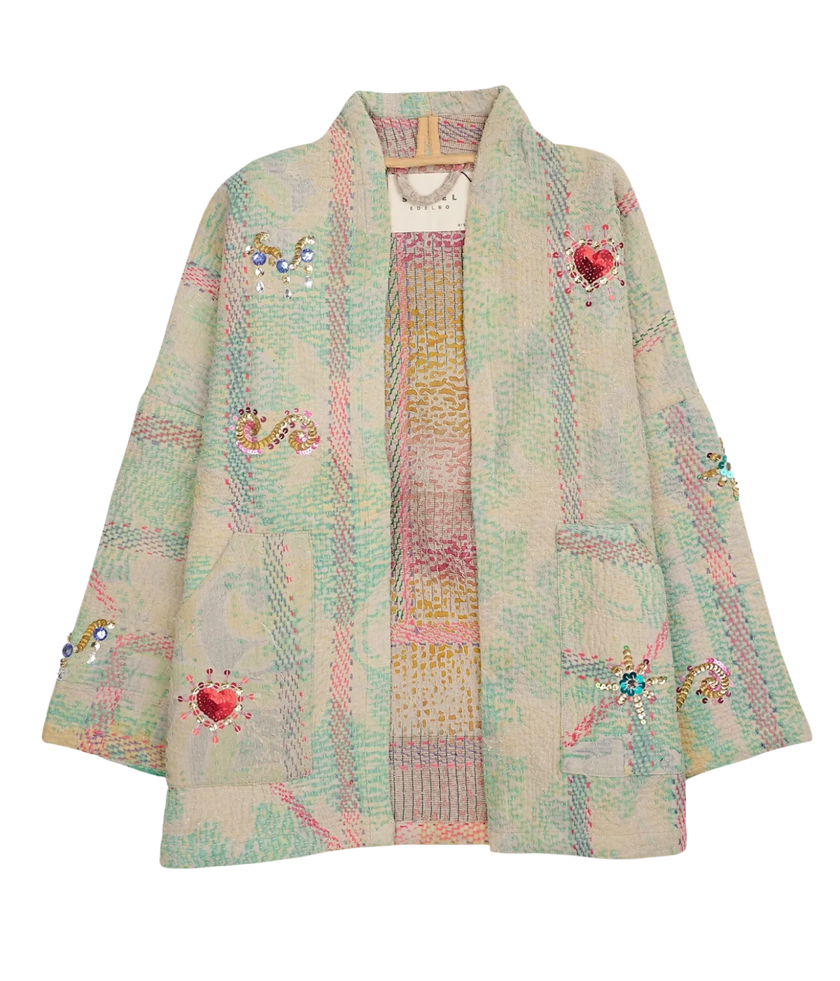 A pastel multicolor tweed jacket with embroidered hearts, butterflies, and floral motifs, displayed on a hanger against a white background.