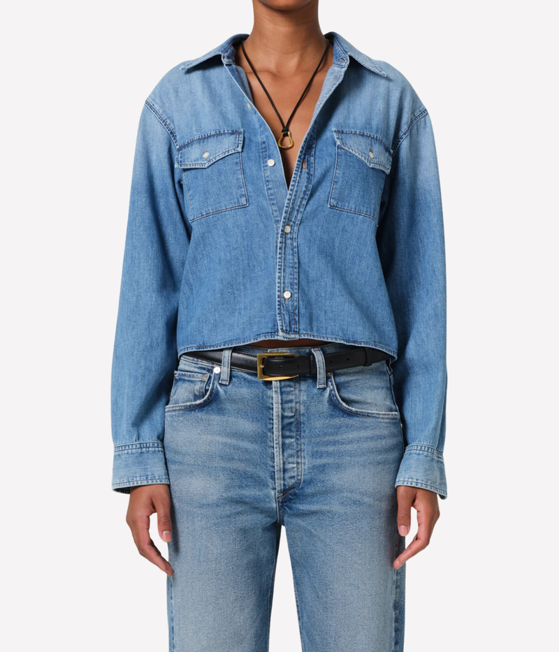 Front detail of the Baby Shay Cropped Shirt in Carolina Blue highlighting the button closure and utility-inspired pockets.