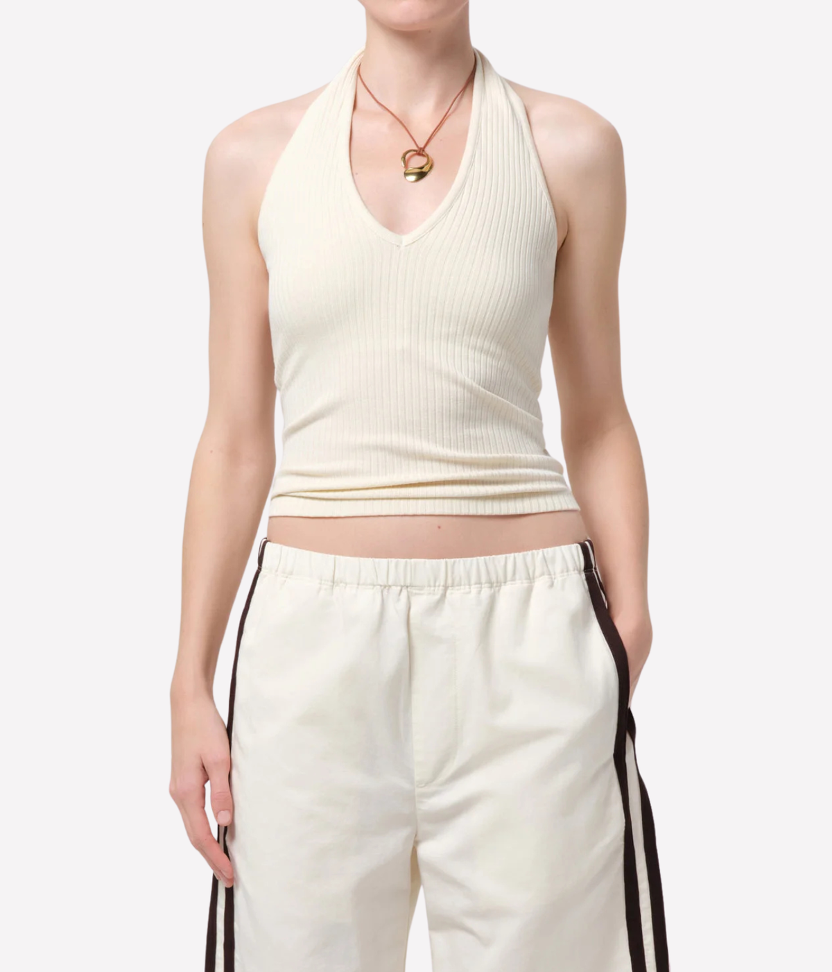 Citizens of Humanity Thea Halter in Dune, front view styled with white trousers.