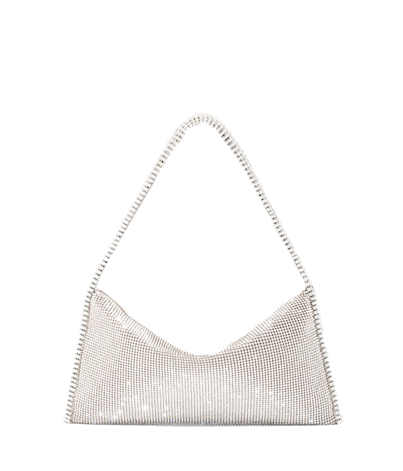 A silver rhinestone mesh shoulder bag with a curved, slouchy silhouette and a single thin strap, shown against a plain white background.