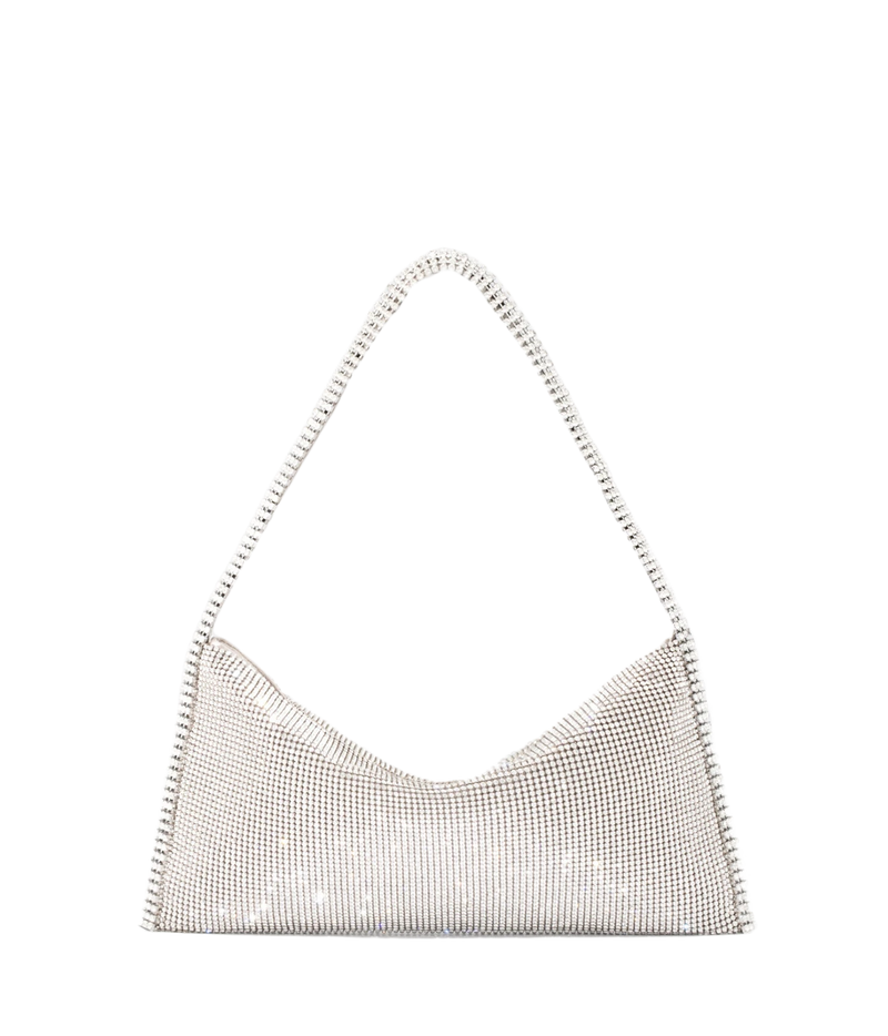 A silver rhinestone mesh shoulder bag with a curved, slouchy silhouette and a single thin strap, shown against a plain white background.