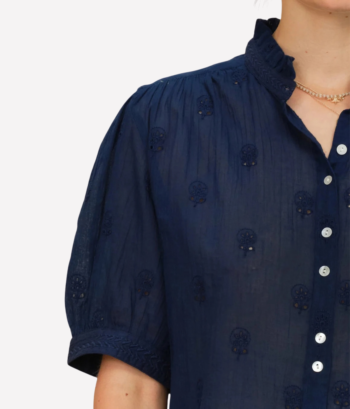 M.A.B.E Frani Embroidered Short Sleeve Top in Indigo – close-up of embroidery and frill collar