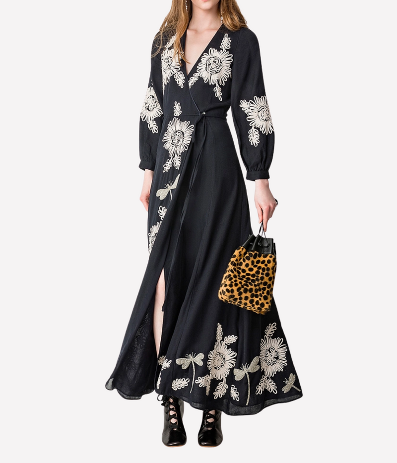 Voila' une fleur" embroidery wool gauze dress in notte