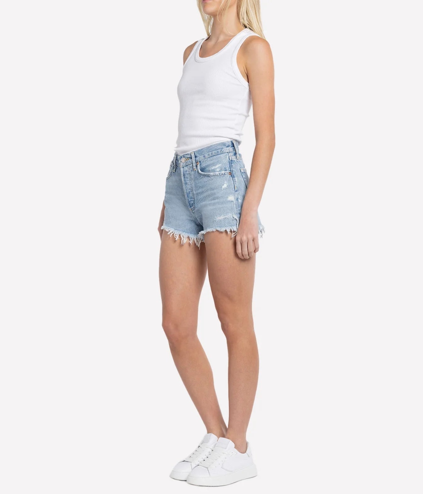 AGOLDE Parker Short, a high-rise denim short crafted from regenerative cotton in a bright indigo wash with a relaxed, vintage-inspired fit