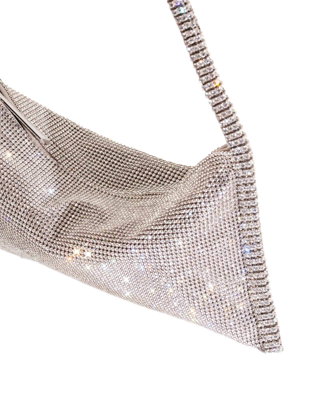 A close-up of a rhinestone-embellished shoulder bag in a triangular shape, featuring a textured rhinestone strap and a silver-toned metal zipper closure, set against a plain white background.