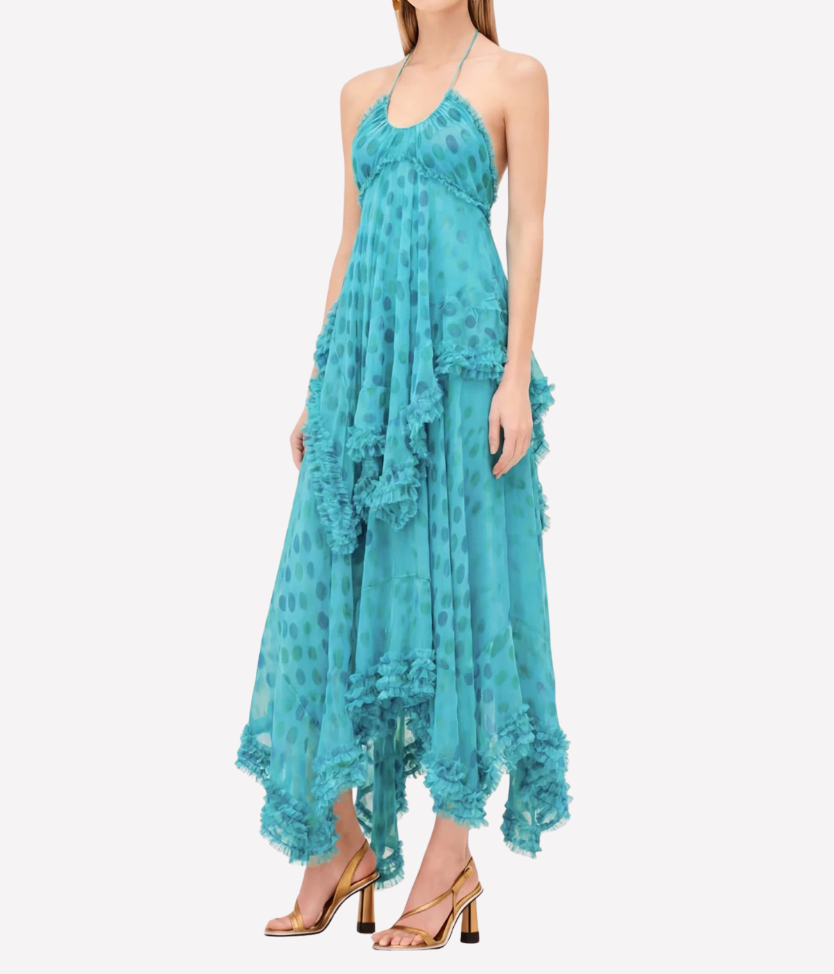 Teal halter neck dress with ruffled layers on a white background