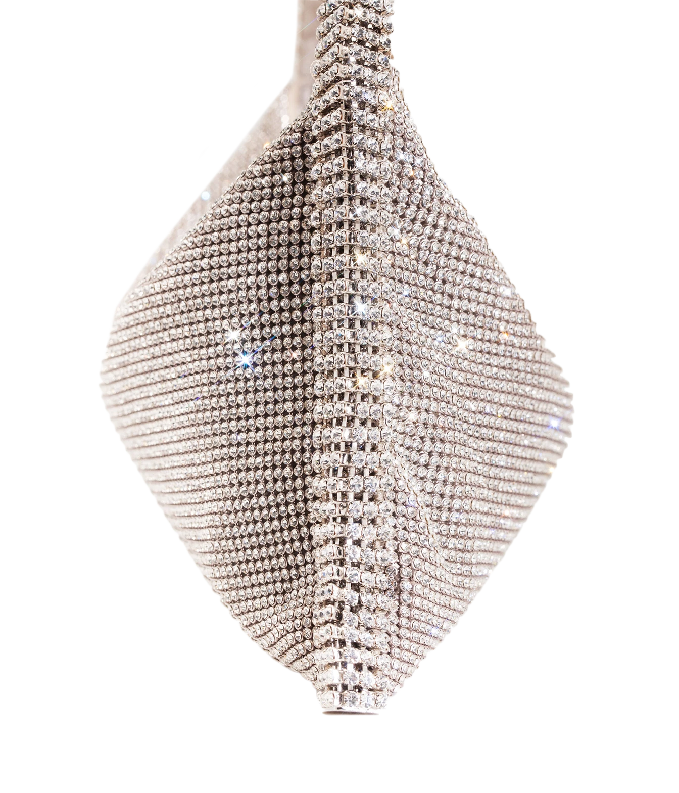 A silver rhinestone-encrusted clutch bag with a diamond-shaped body and a pointed bottom, shown against a plain white background.