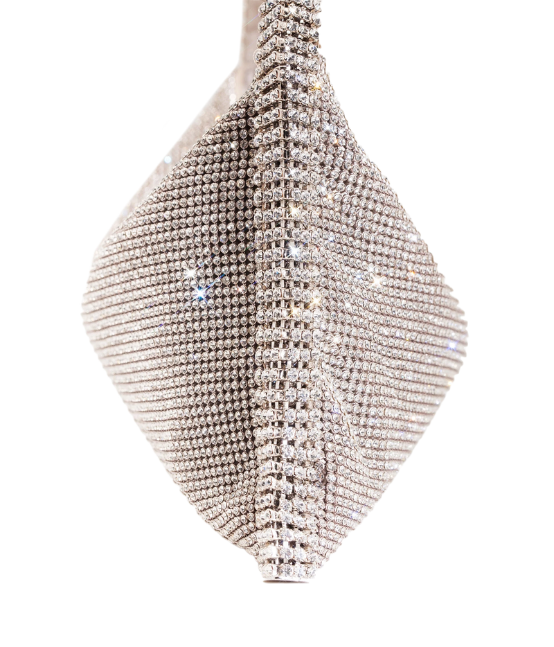 A silver rhinestone-encrusted clutch bag with a diamond-shaped body and a pointed bottom, shown against a plain white background.
