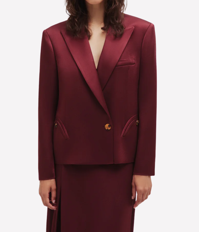 Novalis Sunfire Blazer In Wine - female model wearing matching red blazer and pants set, blazer has 2 front pockets and 1 front button