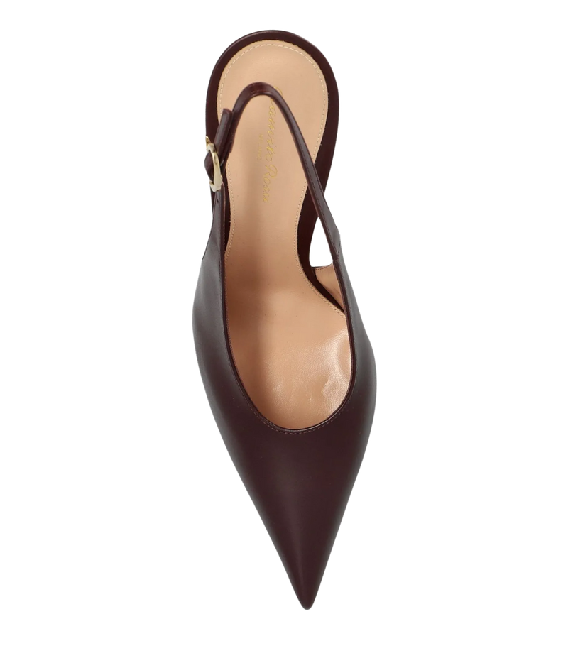 Top-down view of the Gianvito Rossi Sofia Sling 70 in Bourgogne, showing the elongated pointed toe, tan leather insole and slim slingback strap with gold buckle
