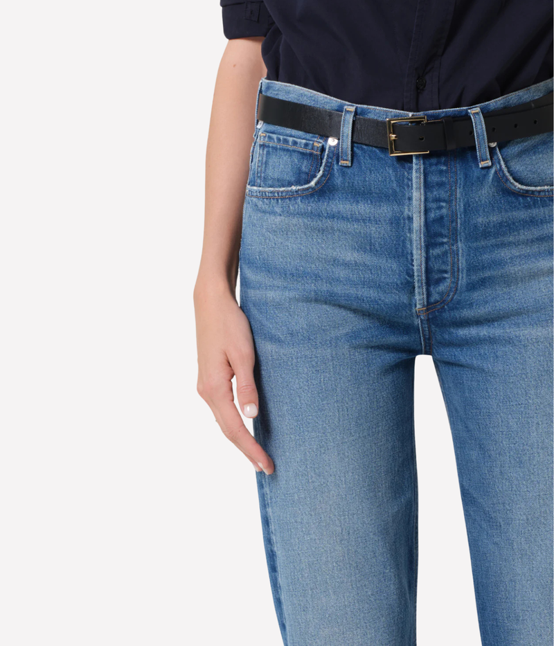 Close-up of Jonie denim highlighting the indigo wash, subtle whiskering, and gentle fading.